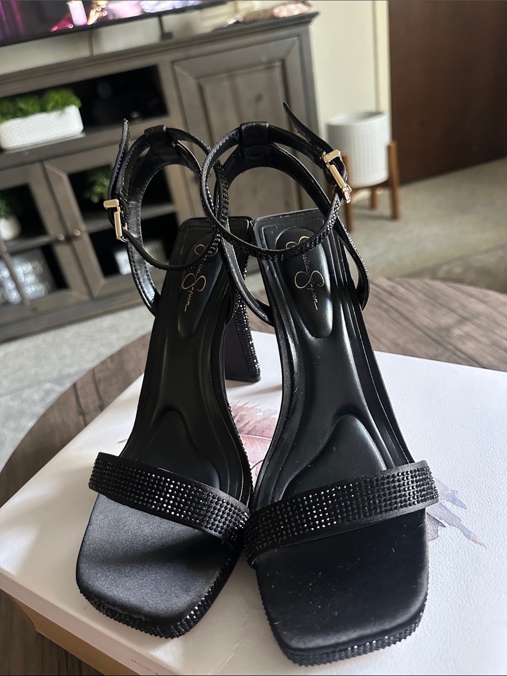 Jessica Simpson Black Crystal Ankle-Strap High Heel Sandals